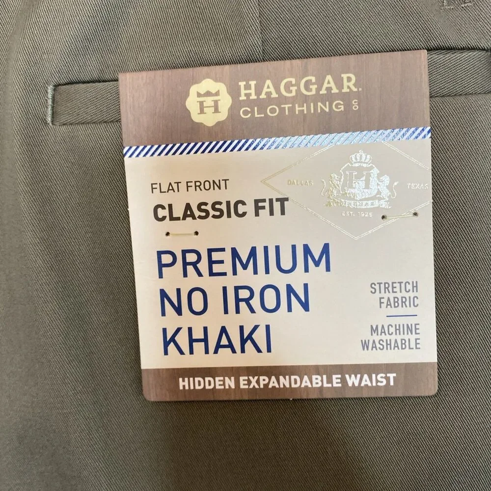 NWT Haggar Mens Brown Flat Front Classic Fit No Iron Expandable Waist 42x32